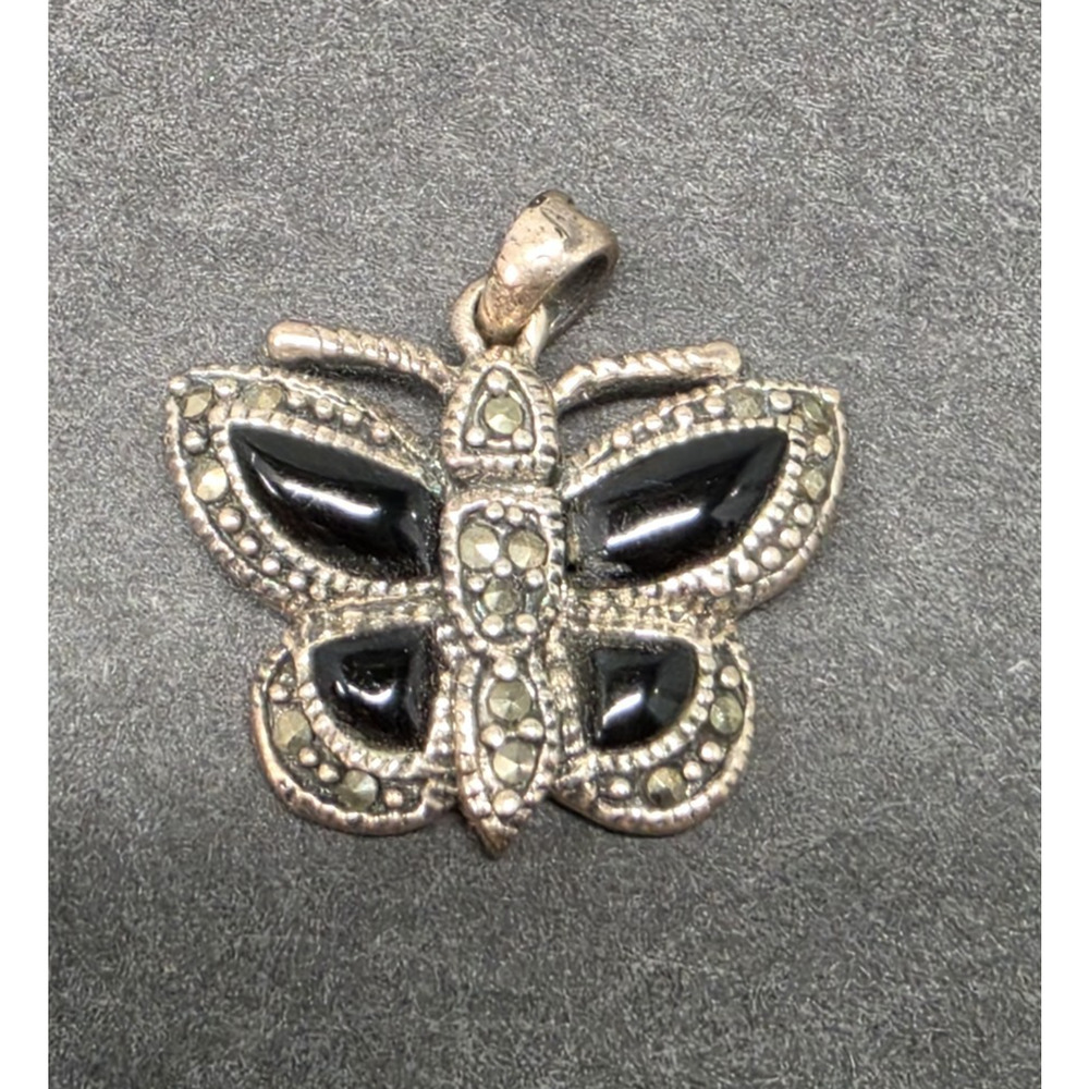925 Butterfly silver pendant vintage Art Deco style Marcasite And Onyx Stones